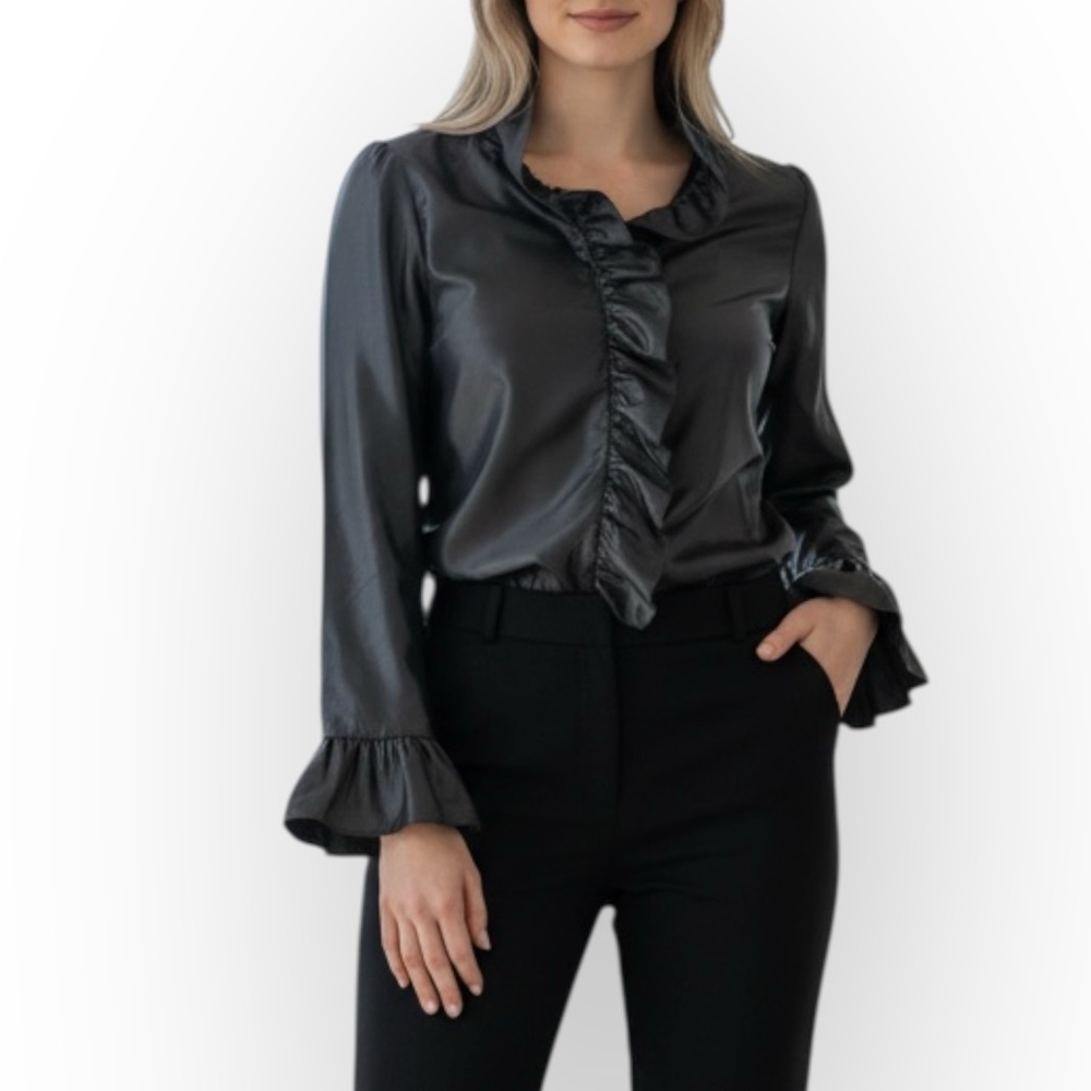 Chic Gray Satin Ruffled Blouse